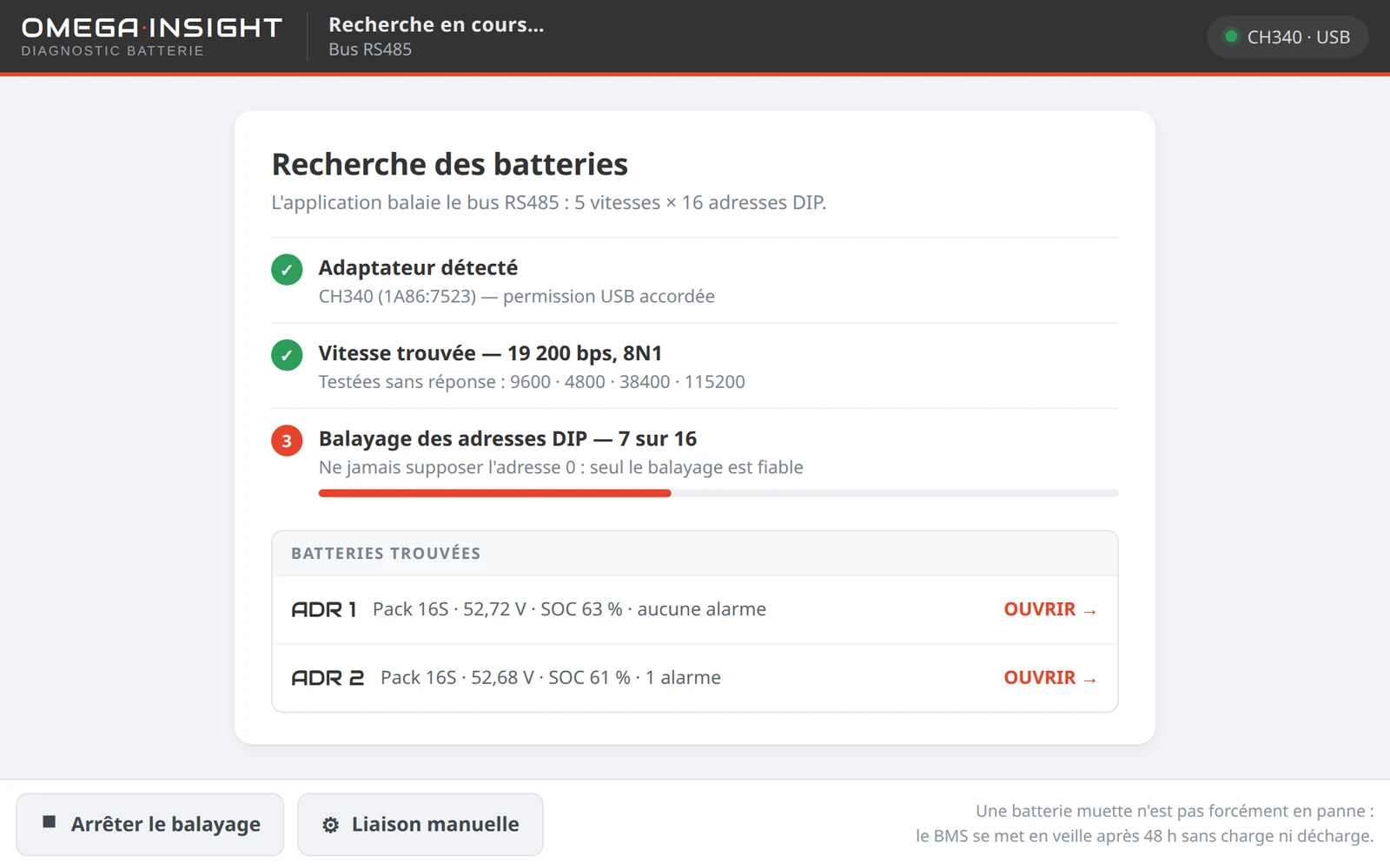 OMEGA INSIGHT : détection des batteries du parc et de leurs adresses