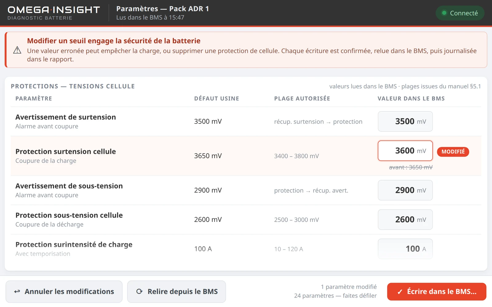 OMEGA INSIGHT : réglage des seuils de protection, écriture confirmée dans le BMS